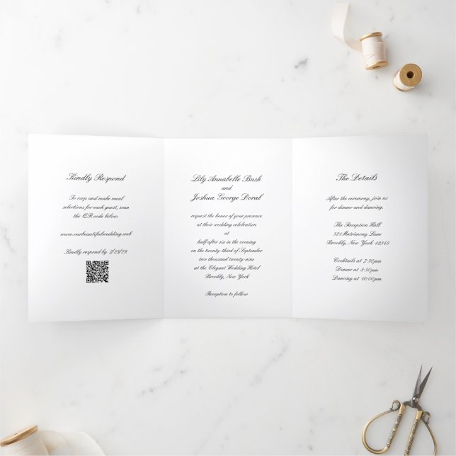 Invitation Trois Volets Code QR noir et blanc classique Mariage intemporel (Intérieur)