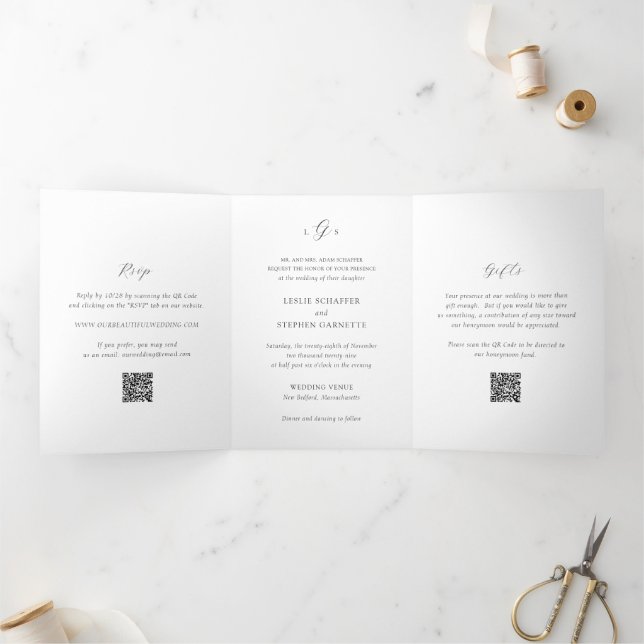 Invitation Trois Volets Code QR noir et blanc intemporel Élégant mariage (Intérieur)
