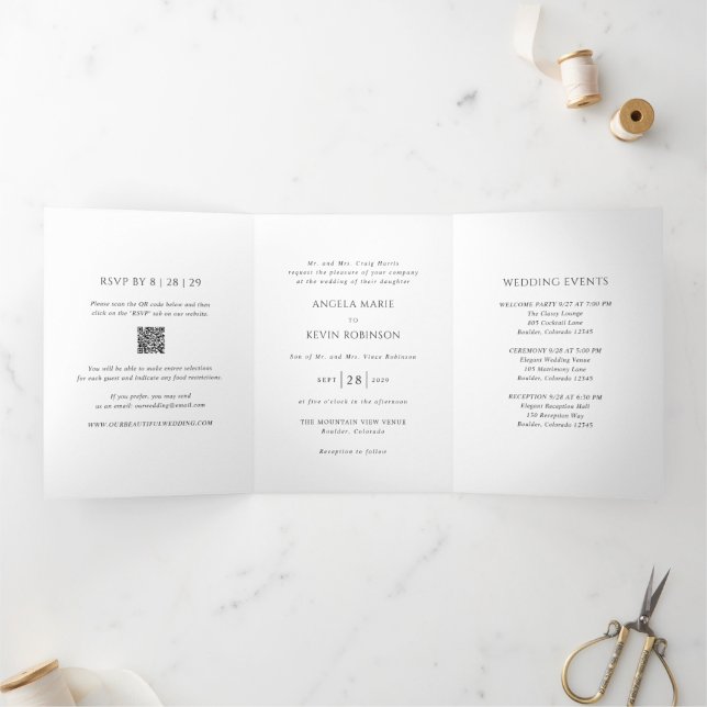 Invitation Trois Volets Code QR noir et blanc moderne et épuré Mariage (Intérieur)