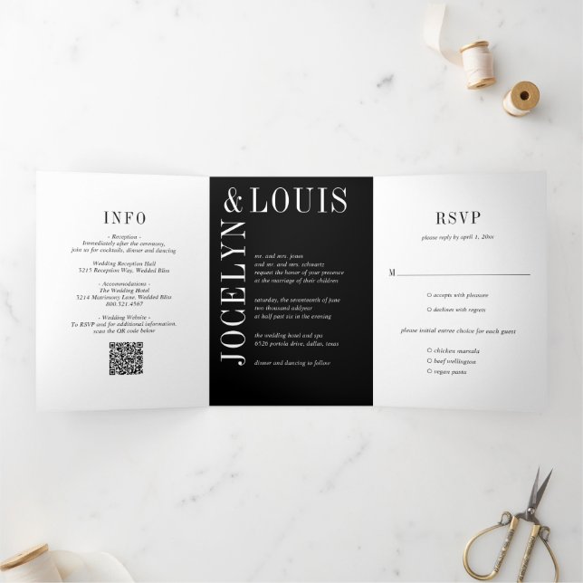 Invitation Trois Volets Code QR noir gras Mariage Moderne (Intérieur)