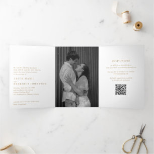Invitation Trois Volets Code QR Or Photo Moderne Mariage Minimaliste en Or