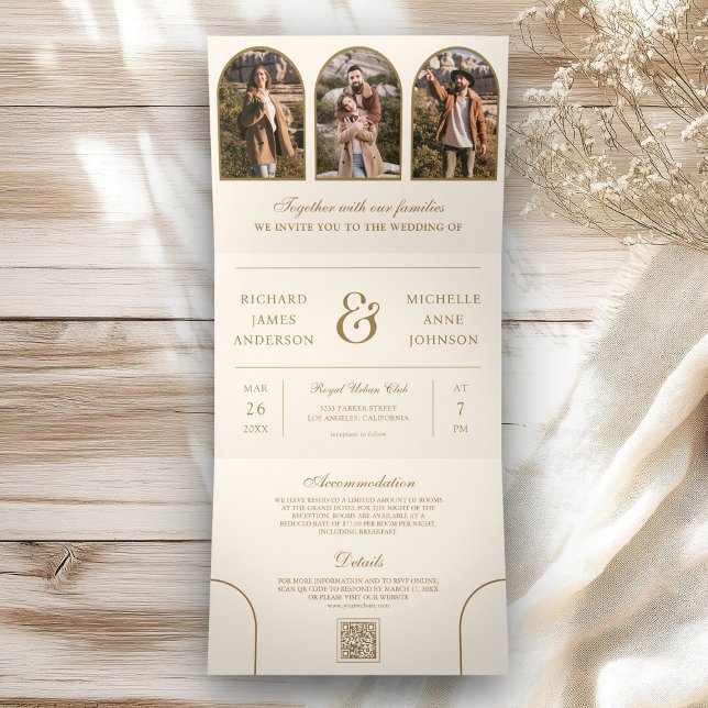 Invitation Trois Volets Code QR photo d'arche de mariage Cream Gold (Créateur téléchargé)
