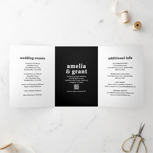 Invitation Trois Volets Code QR photo de mariage moderne en police rétro n (Intérieur)