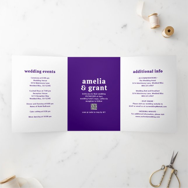 Invitation Trois Volets Code QR photo de mariage moderne en police rétro v (Intérieur)