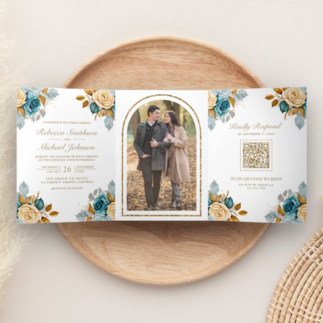 Invitation Trois Volets Code QR Photo Mariage Fleur Or Crème Bleu (Créateur téléchargé)