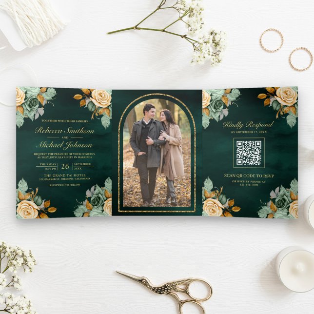 Invitation Trois Volets Code QR Photo Mariage Fleur Or Crème d'Émeraude (Créateur téléchargé)