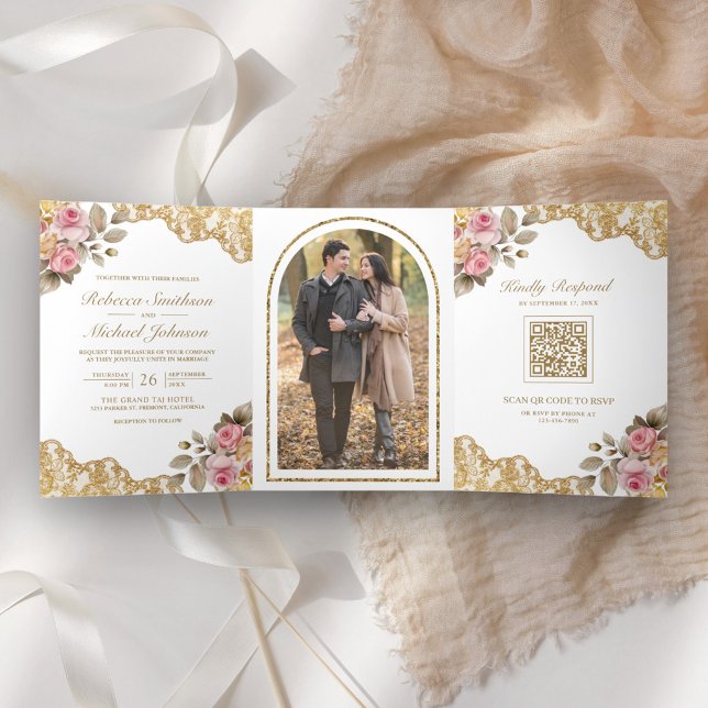 Invitation Trois Volets Code QR Photo Mariage Fleurs Roses Dentelle Or (Créateur téléchargé)