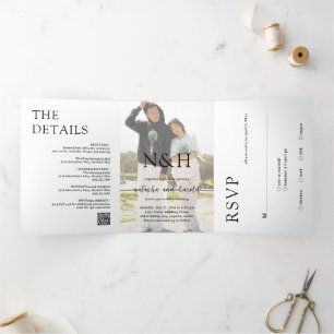Invitation Trois Volets Code QR photo monogramme gras mariage moderne