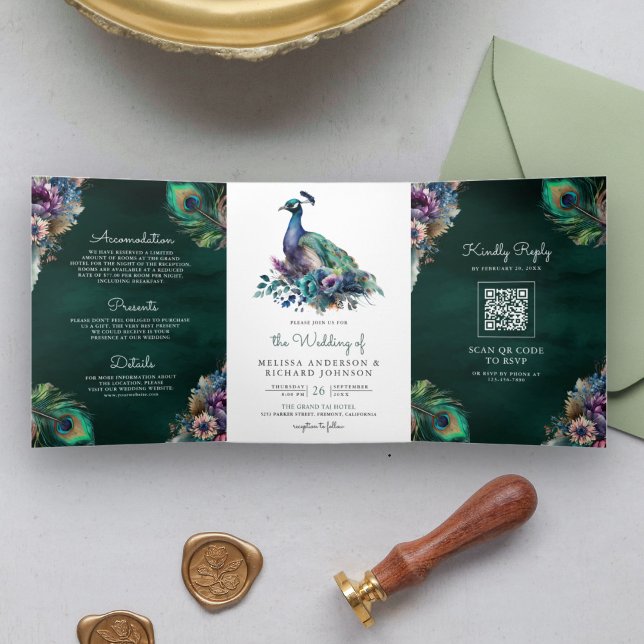 Invitation Trois Volets Code QR Plume Florale de Paon Émeraude Mariage (Créateur téléchargé)