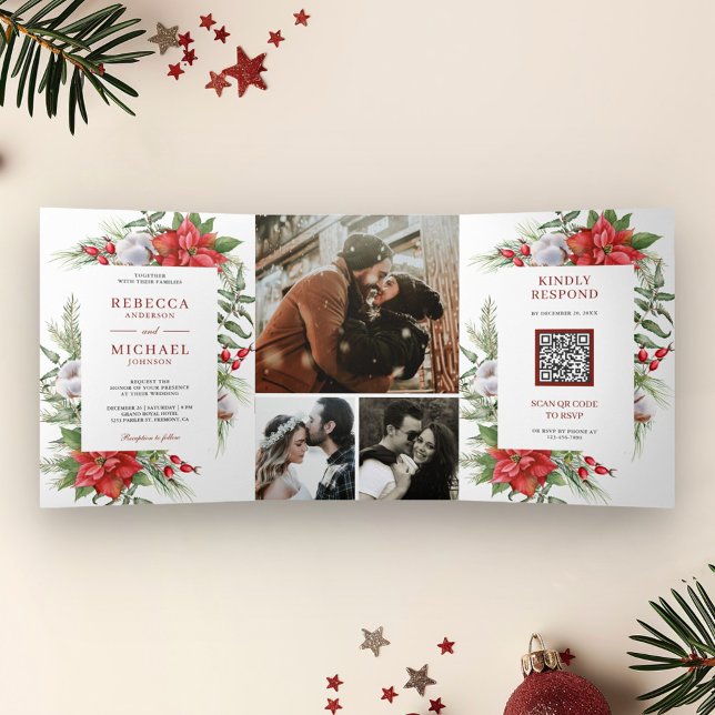 Invitation Trois Volets Code QR Poinsettia Rustique Noël Mariage (Créateur téléchargé)