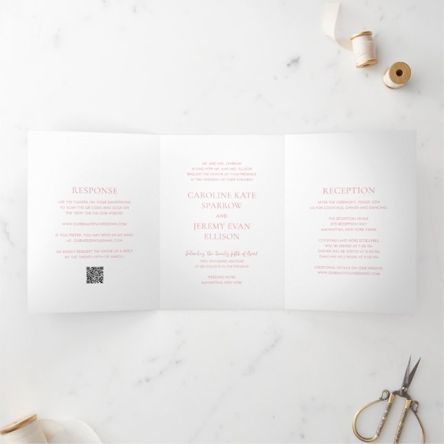 Invitation Trois Volets Code QR Rose Élégant Mariage Propre (Intérieur)