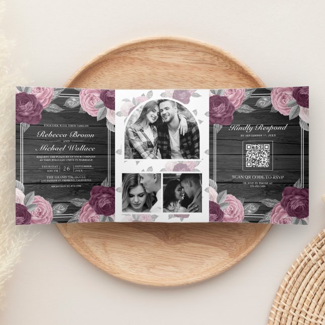 Invitation Trois Volets Code QR Rose Mauve Violet Rose Poussiéreux Bois Ma (Créateur téléchargé)