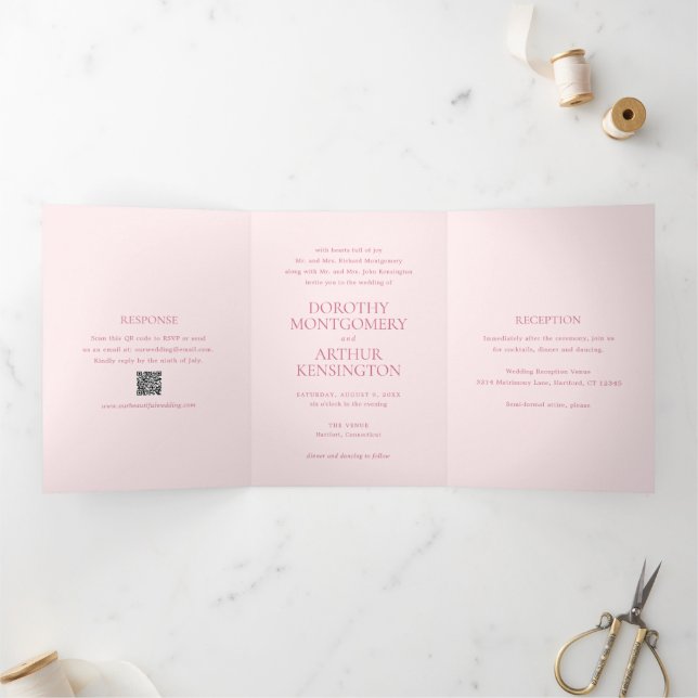 Invitation Trois Volets Code QR rose moderne Mariage élégant (Intérieur)