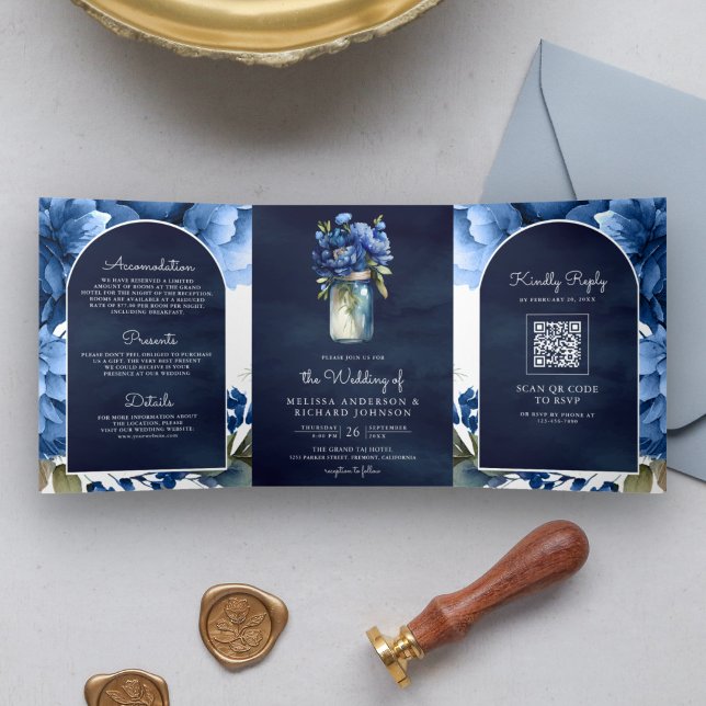 Invitation Trois Volets Code QR Royal Blue Floral Mason Jar Mariage Navy (Créateur téléchargé)