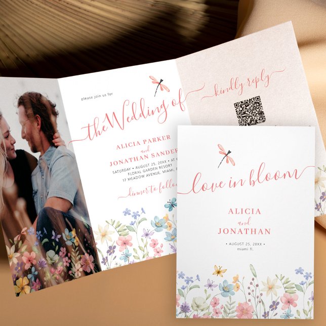 Invitation Trois Volets Code QR RSVP tout en un mariage floral (Créateur téléchargé)