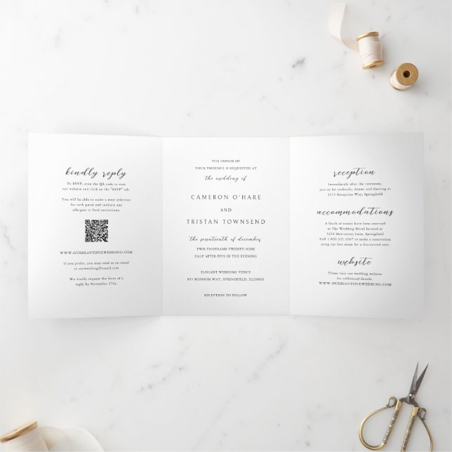 Invitation Trois Volets Code QR simple noir et blanc Mariage épuré (Intérieur)