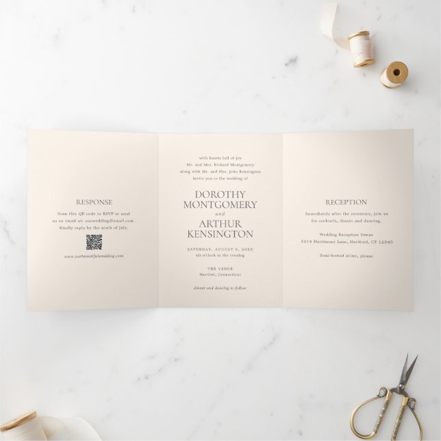 Invitation Trois Volets Code QR Terreux Neutre Moderne Élégant Mariage (Intérieur)