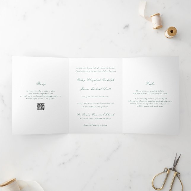 Invitation Trois Volets Code QR vert émeraude élégant de mariage propre (Intérieur)