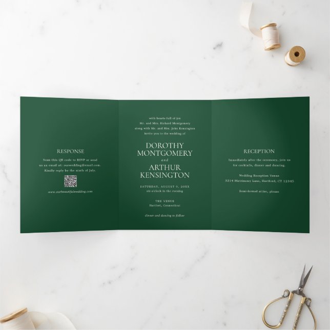 Invitation Trois Volets Code QR Vert Émeraude Moderne Élégant Mariage (Intérieur)
