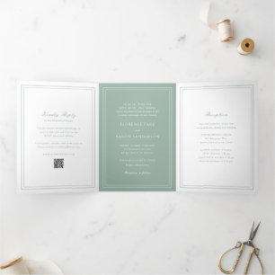 Invitation Trois Volets Code QR Vert Sauge Traditionnel Mariage Intemporel