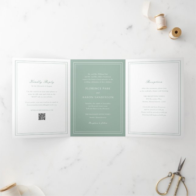 Invitation Trois Volets Code QR Vert Sauge Traditionnel Mariage Intemporel (Intérieur)