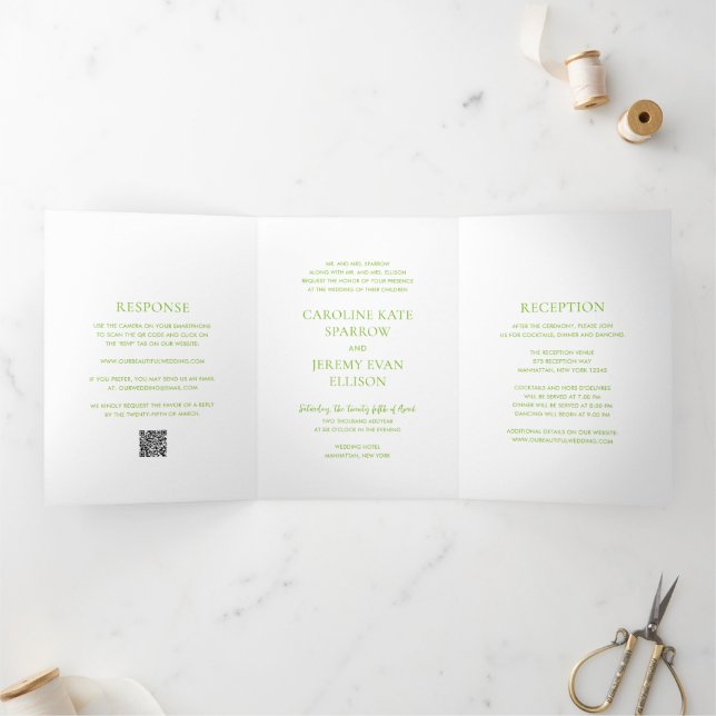Invitation Trois Volets Code QR vert vibrant propre Mariage élégant (Intérieur)