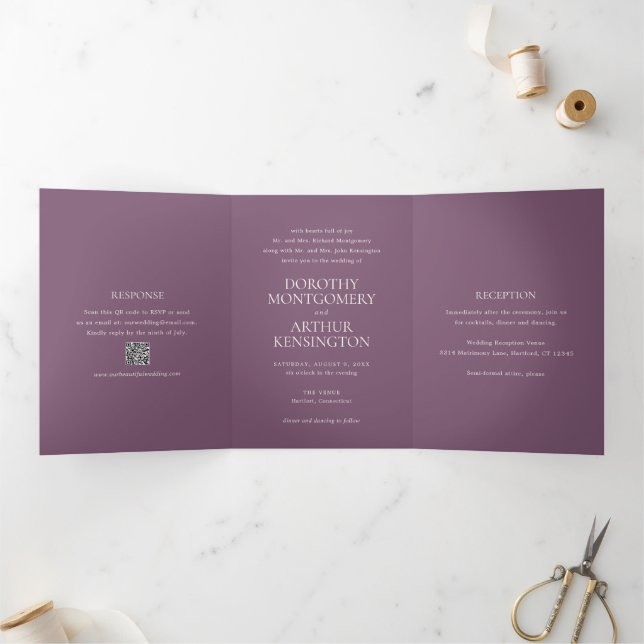 Invitation Trois Volets Code QR Violet Moderne Élégant de Mariage (Intérieur)
