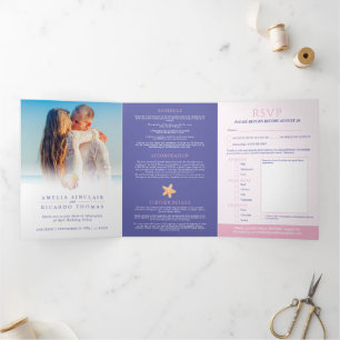 Invitation Trois Volets Coeur art aquarelle plage mariage