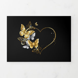 Invitation Trois Volets Coeur aux papillons d'or