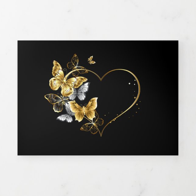 Invitation Trois Volets Coeur aux papillons d'or (Page de couverture)