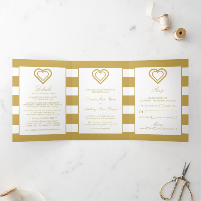 Invitation Trois Volets Coeur Chic, Suite Mariage à rayures or (Intérieur)