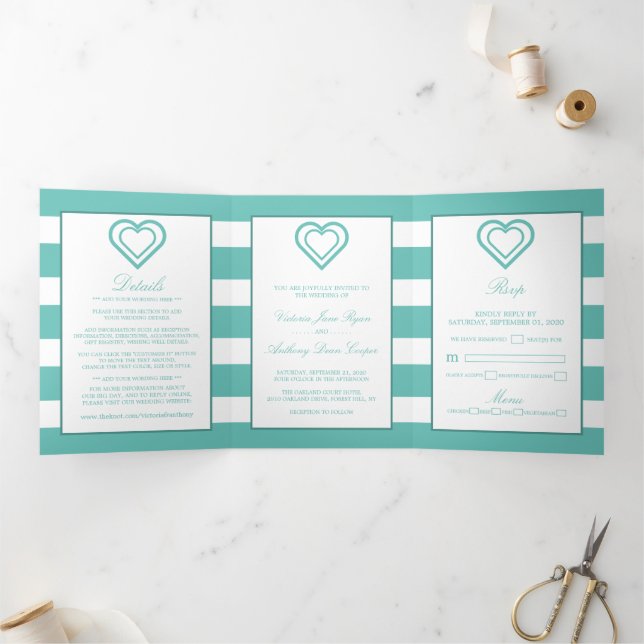 Invitation Trois Volets Coeur chic, suite Mariage Turquoise rayée (Intérieur)