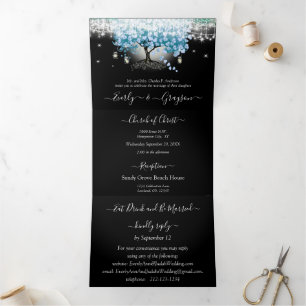 Invitation Trois Volets Cœur de feuille d'arbre pastel bleu ciel Mariage