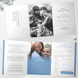Invitation Trois Volets Coeur de la feuille de monogramme bleu clair maria