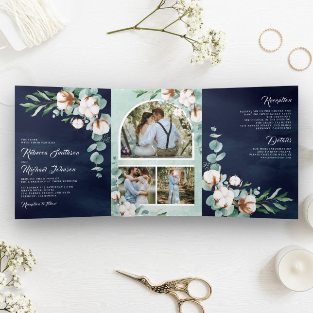 Invitation Trois Volets Collage de photos de coton d'eucalyptus bleu marin (Créateur téléchargé)