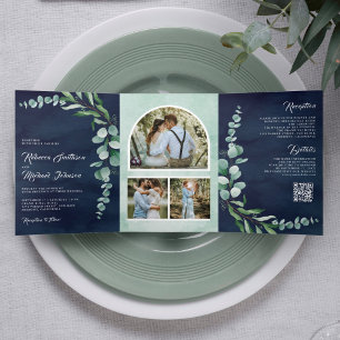 Invitation Trois Volets Collage de photos de eucalyptus Code QR Mariage Bl