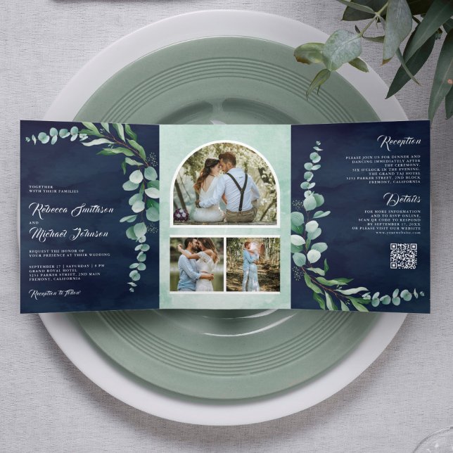 Invitation Trois Volets Collage de photos de eucalyptus Code QR Mariage Bl (Créateur téléchargé)