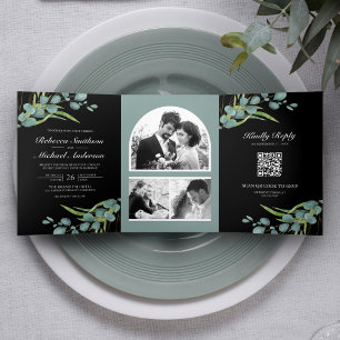 Invitation Trois Volets Collage photo eucalyptus code QR mariage noir