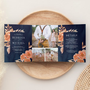 Invitation Trois Volets Collage photo floral orange brûlé mariage marine