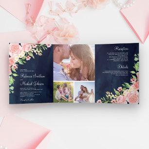 Invitation Trois Volets Collage Photo Floral Rose Pâle Mariage Bleu Marine