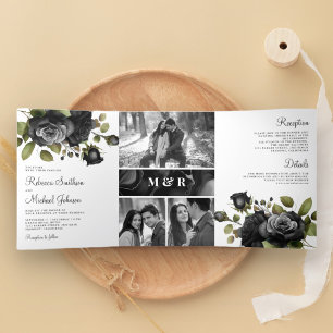 Invitation Trois Volets Collage photo floral Roses noires Mariage blanc