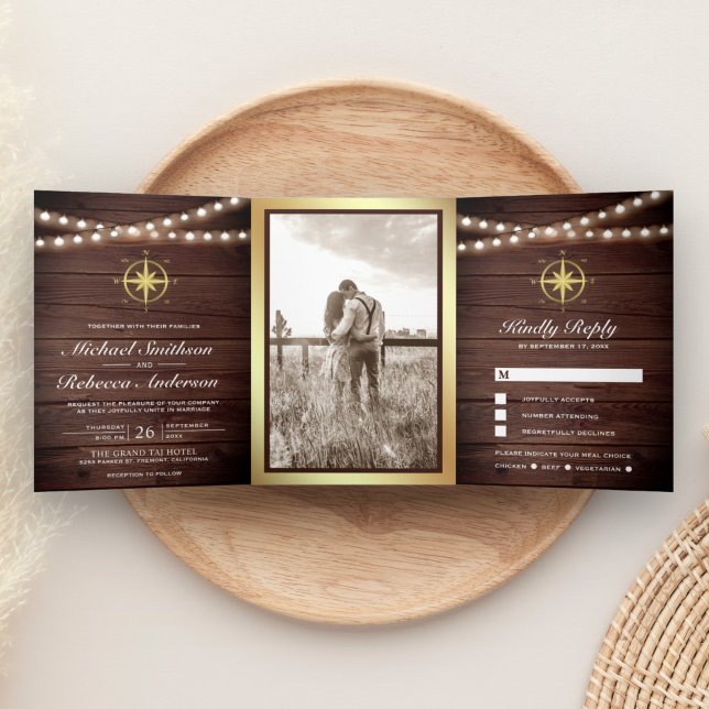 Invitation Trois Volets Compas de mariage en bois rustique nautique or (Créateur téléchargé)