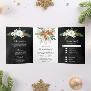 Invitation Trois Volets Cônes de pin à baies blanches Mariage de Noël noir