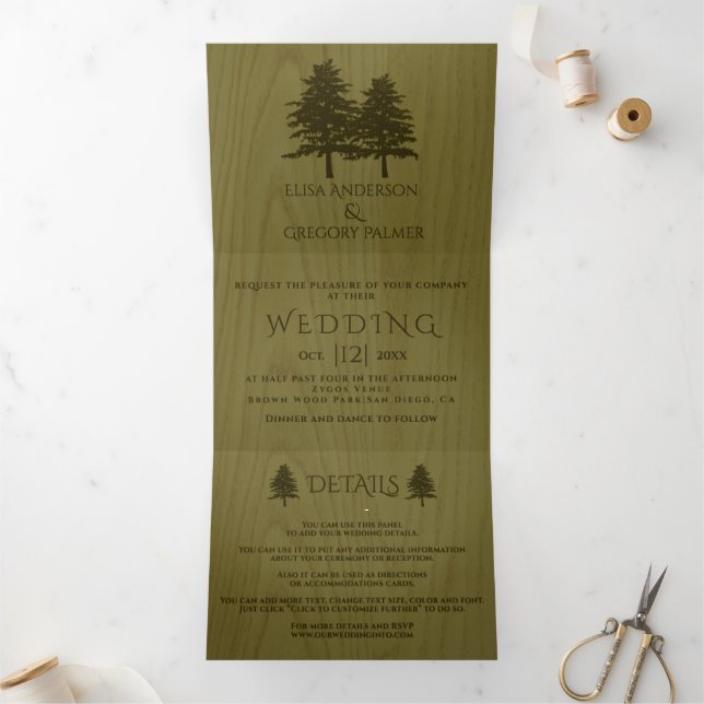 Invitation Trois Volets Conifères boisés, bois vert mariage rustique (Intérieur)