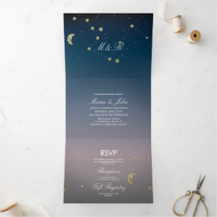 Invitation Trois Volets Constellation Or Faux Feuille Ombre Ciel Mariage 