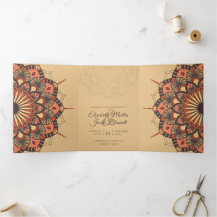 Invitation Trois Volets Contemporain Brown Peach Mandala Mariage