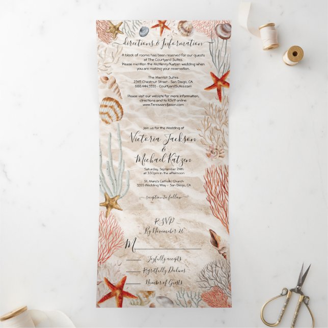Invitation Trois Volets Coquillage tropical et corail Sandy Beach Wedding  (Intérieur)