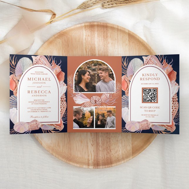 Invitation Trois Volets Coquillages Rustiques Thème Marin Code QR Mariage  (Créateur téléchargé)