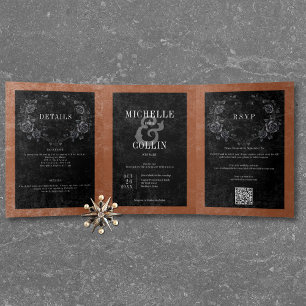 Invitation Trois Volets Corbeau noir gothique et Mariage rouille Rose noir