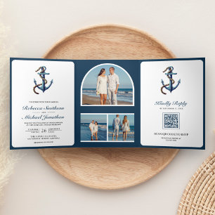 Invitation Trois Volets Corde d'ancre bleu marine rustique Code QR Photo M